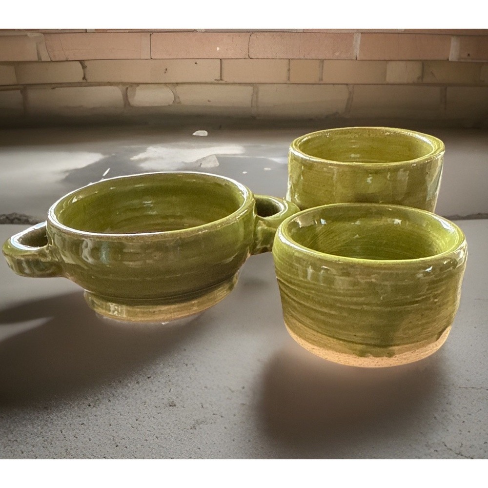 Handmade Green Colored Pottery Bowls Set of 3 Signed Glazed Ceramic 2.25" Tall